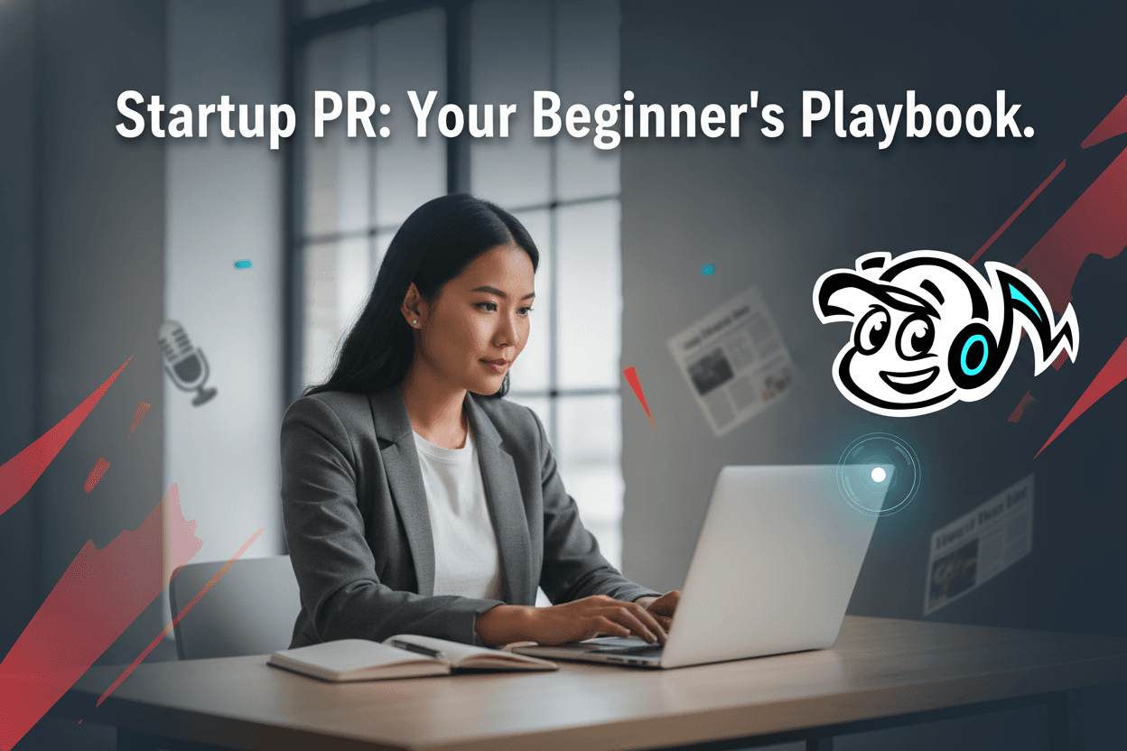 A startup founder strategically planning PR efforts on a laptop, symbolizing DIY PR and media outreach.