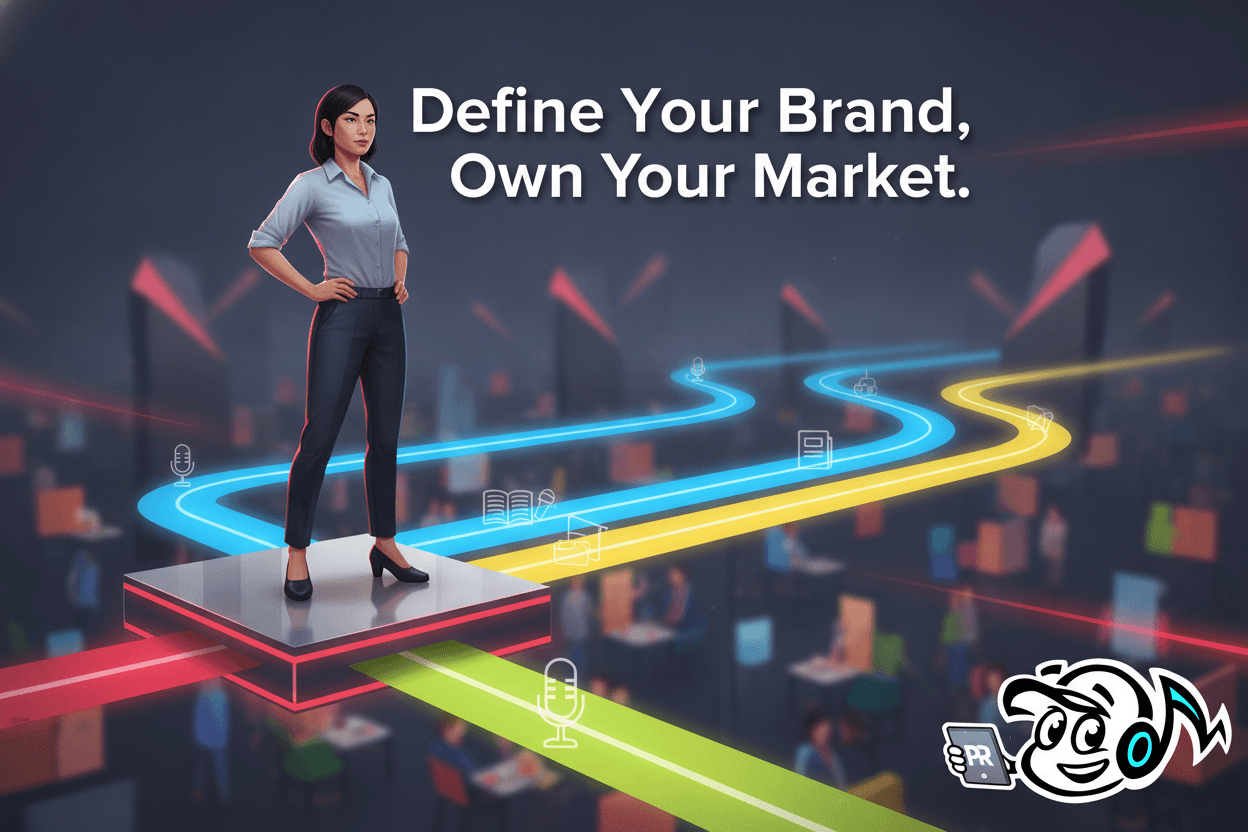 Illustration of a small business owner confidently positioned on a unique platform, symbolizing clear brand positioning amidst a competitive marketplace.