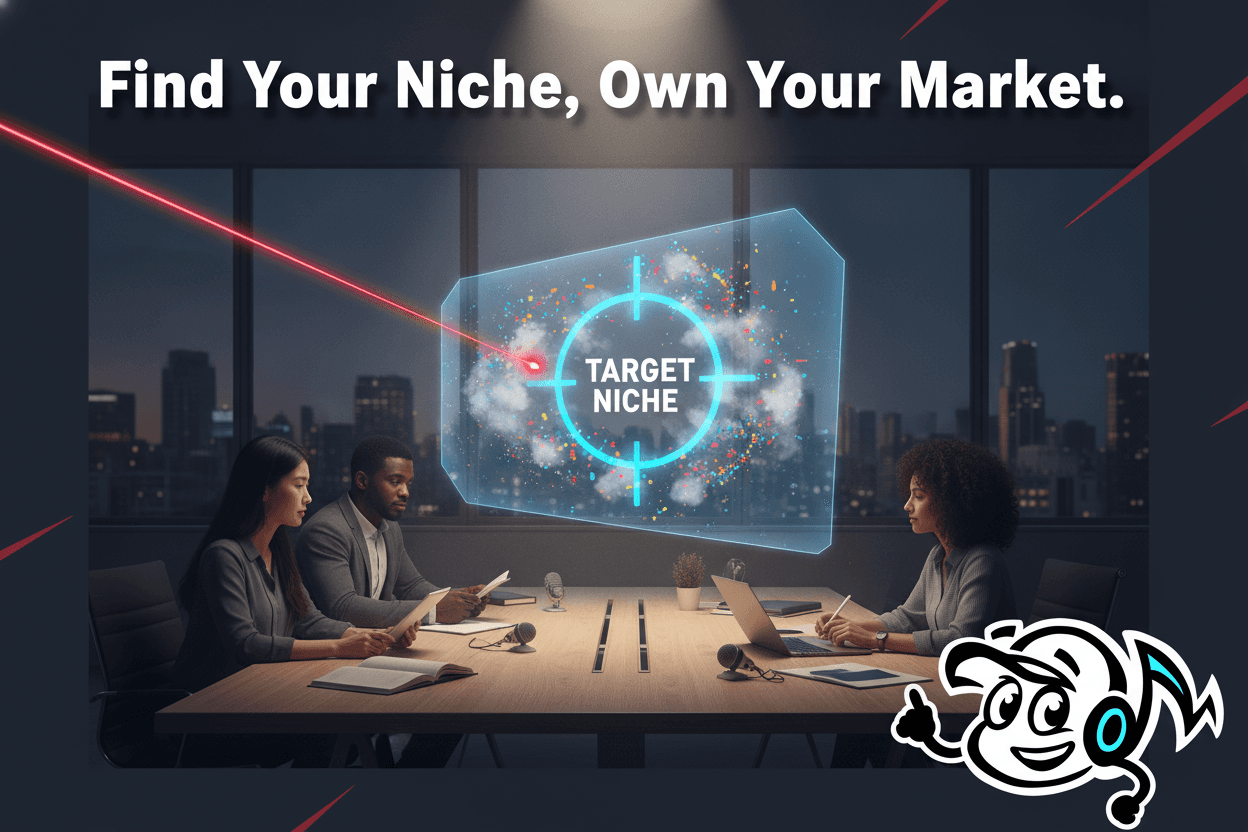 Professionals defining a unique market niche, a laser beam cutting through a scattered market landscape on a holographic display, symbolizing strategic brand positioning and clarity.