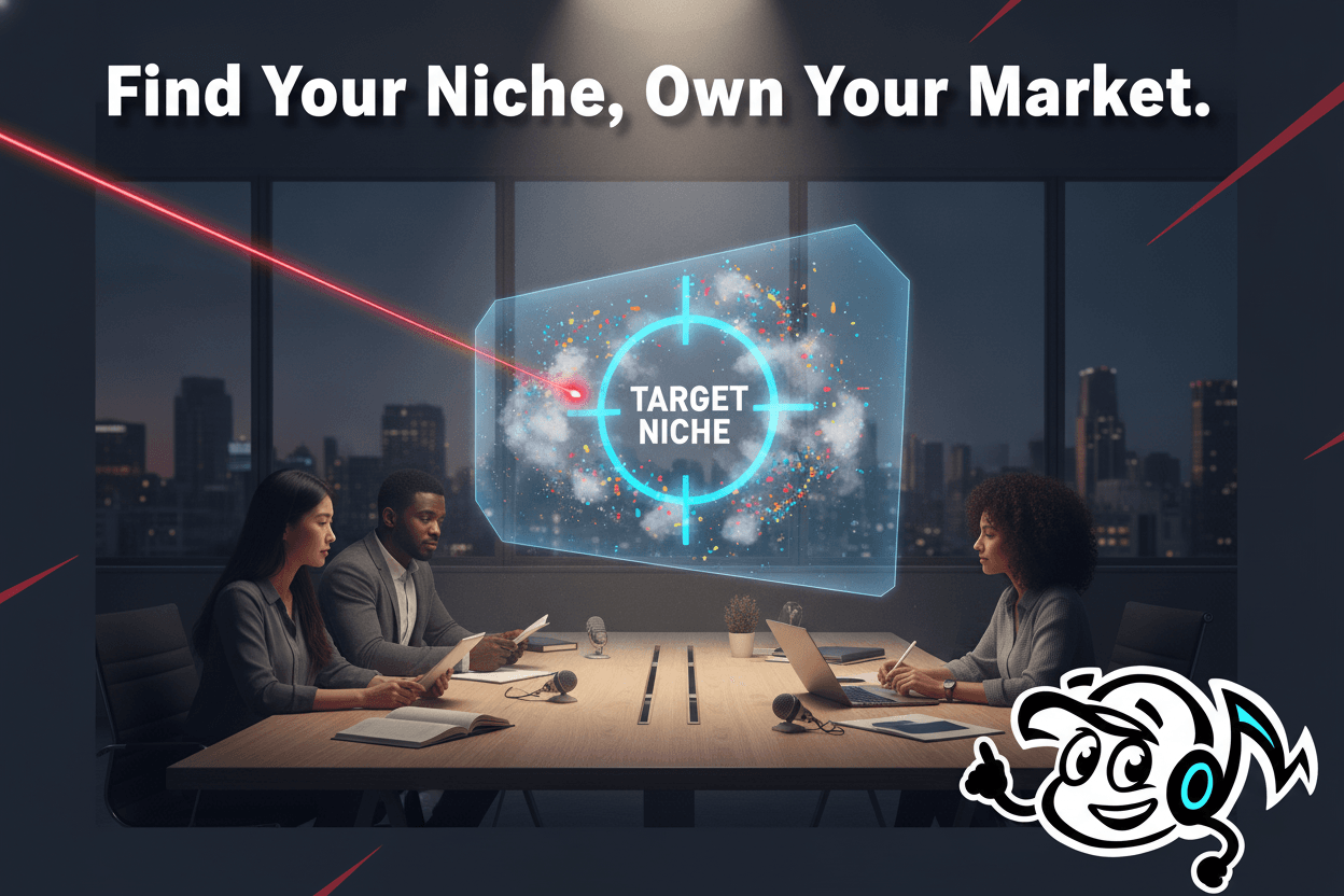 Professionals defining a unique market niche, a laser beam cutting through a scattered market landscape on a holographic display, symbolizing strategic brand positioning and clarity.