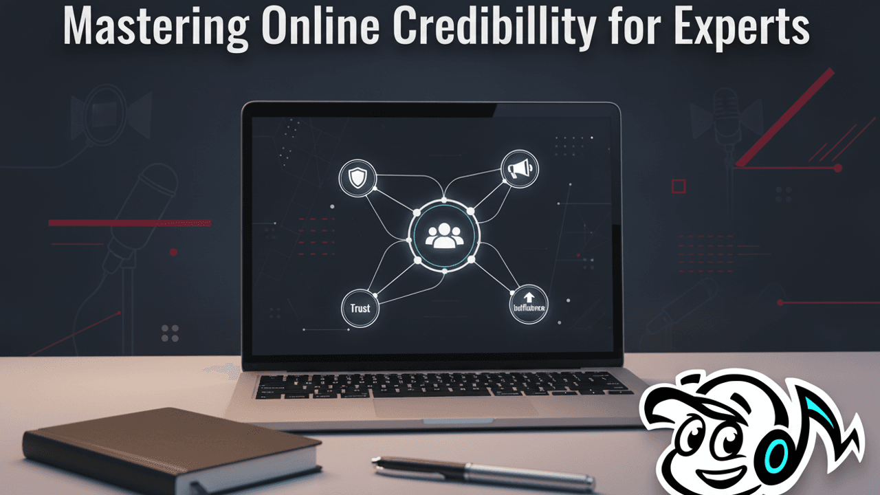 An expert's digital workspace, with a laptop showing a strategic playbook for building online credibility and thought leadership.