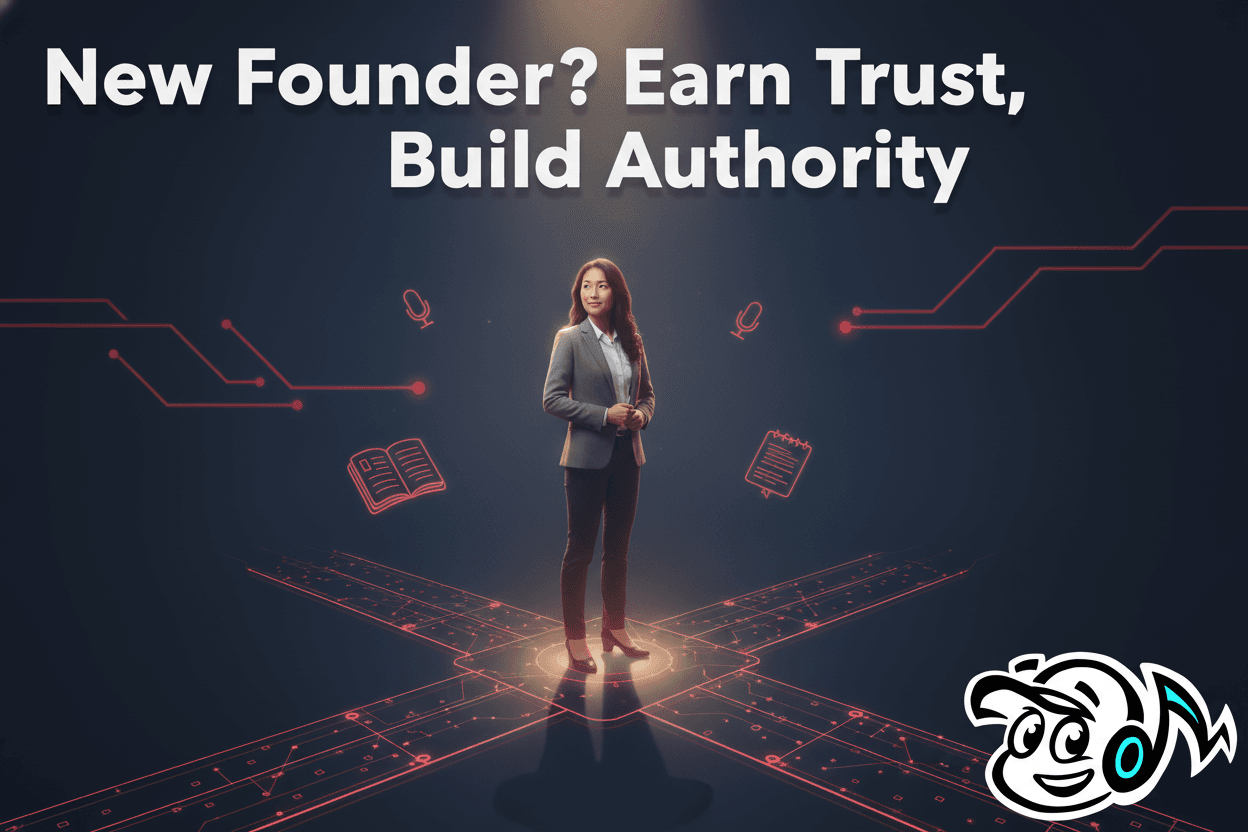 A new founder building credibility, standing confidently at the start of their journey, symbolizing trust and authority in the startup world.