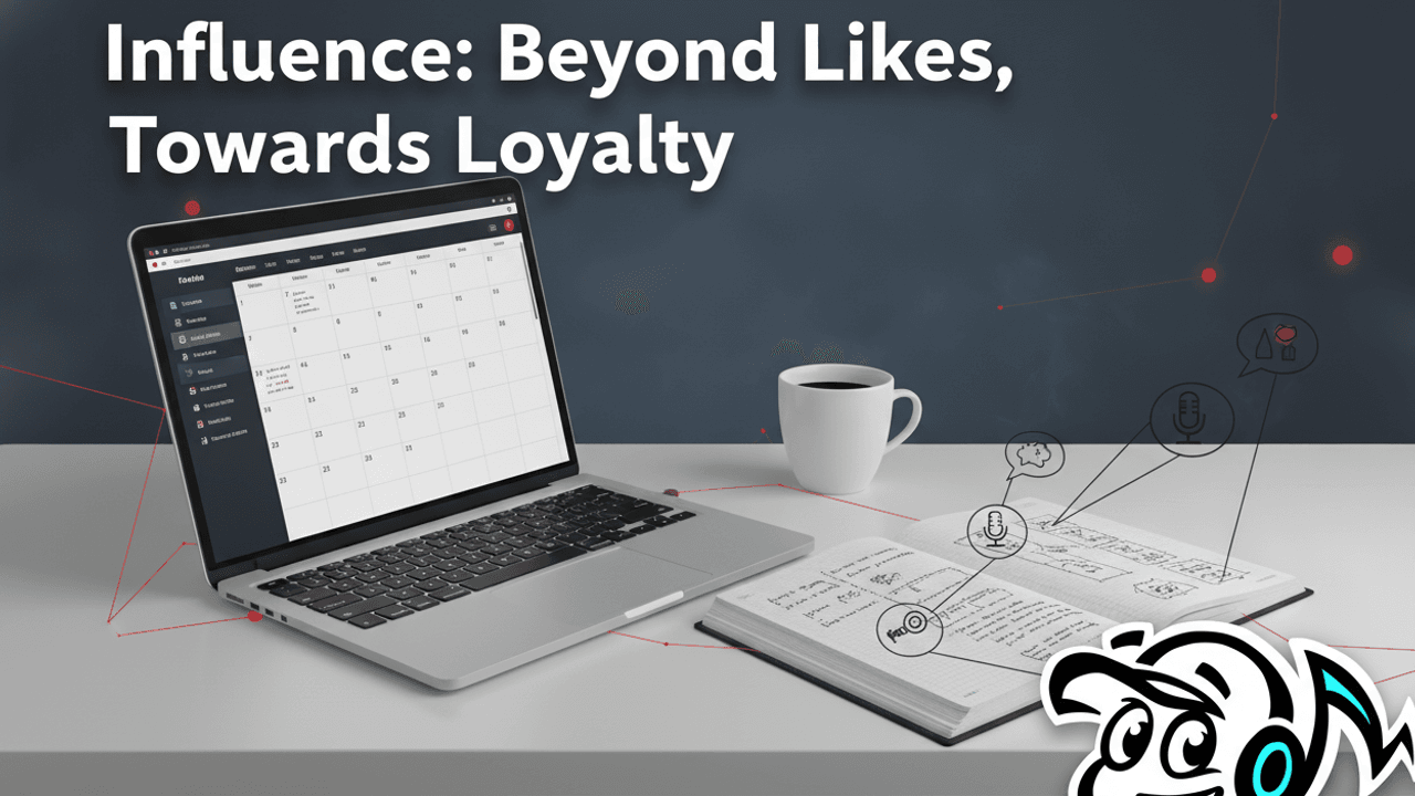 A creator's desk with a laptop showing content strategy, a notebook for ideas, and visual elements representing audience growth and connection.