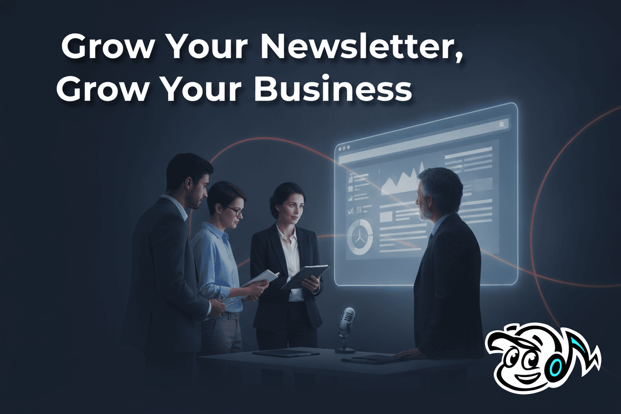 Creators and consultants collaborate on strategies for building a newsletter audience, projected on a large screen, symbolizing growth and direct communication.