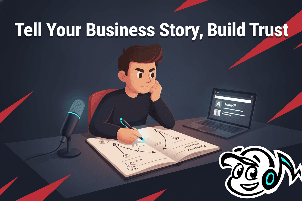 A founder crafting a business narrative, outlining a storytelling framework on a notepad with a laptop and PR branding elements.