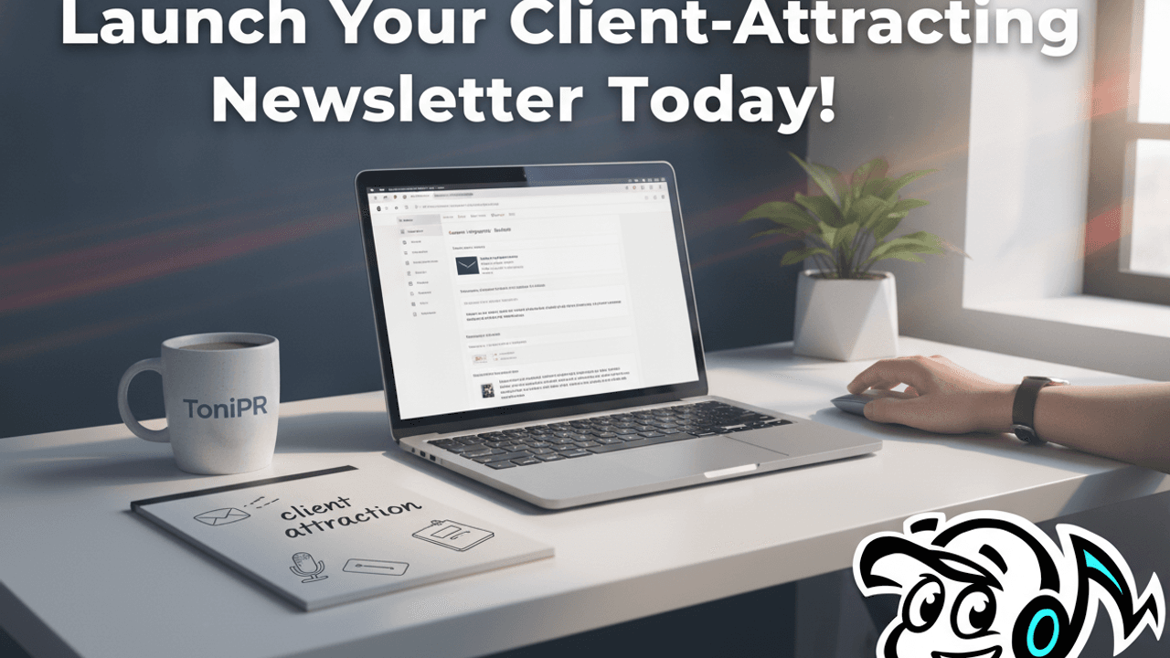 Laptop showing a client attraction newsletter interface on a clean desk, symbolizing strategic email marketing for business growth.