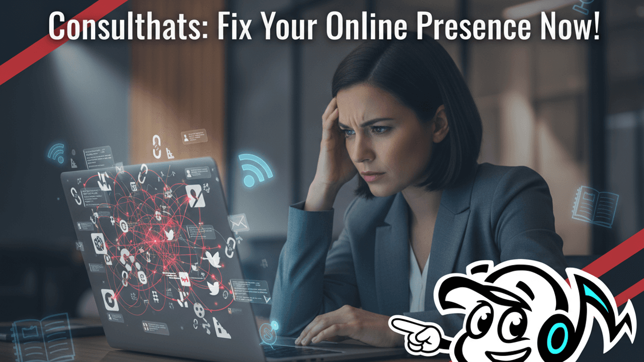 A consultant looking frustrated at a laptop screen displaying a chaotic digital presence, symbolizing common online mistakes.