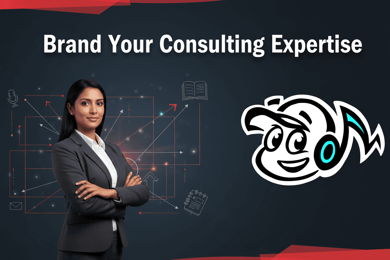 A consultant strategically building their personal brand, surrounded by digital connections and thought leadership concepts.