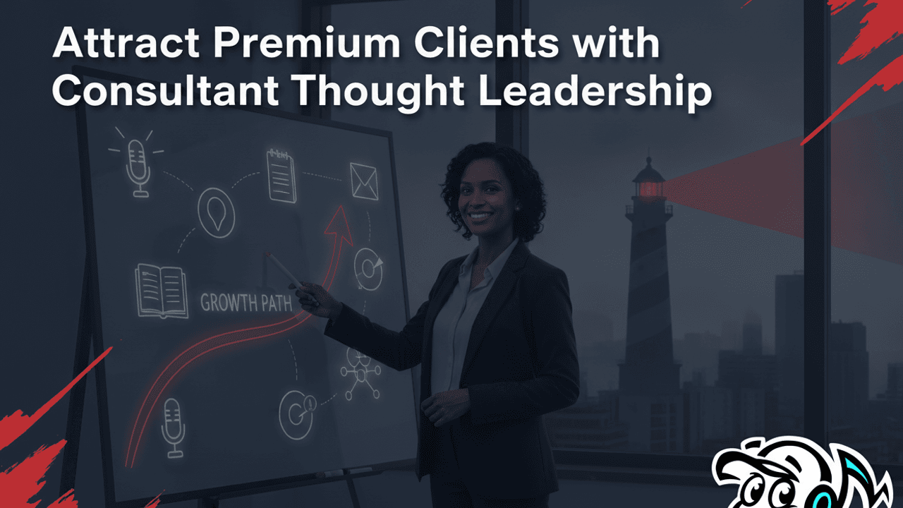 Consultant demonstrating thought leadership strategies on a whiteboard to attract high-value clients.