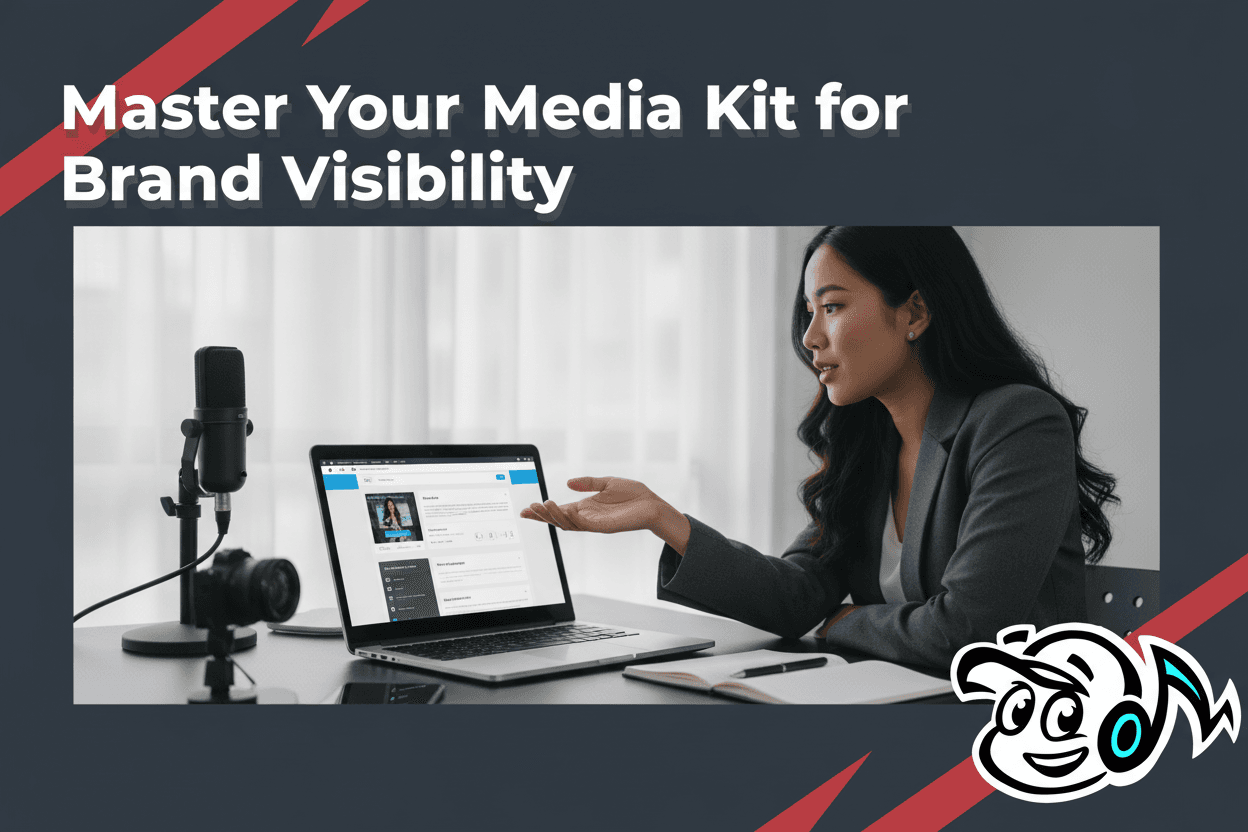 A founder crafting a digital media kit on a laptop, surrounded by PR and branding elements, symbolizing strategic media outreach.
