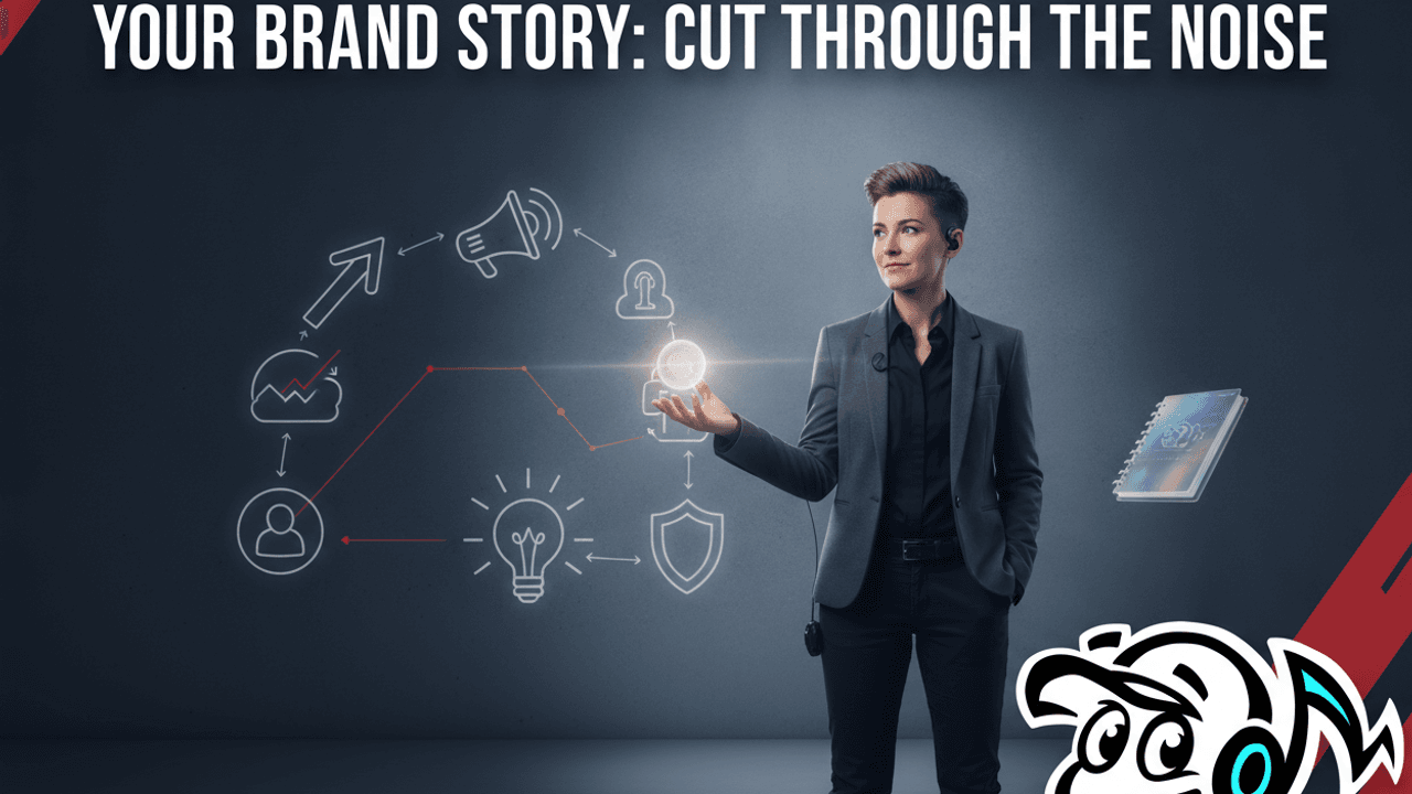 A founder presenting a compelling brand story, depicted as a glowing narrative arc, symbolizing clarity and purpose in a modern office.