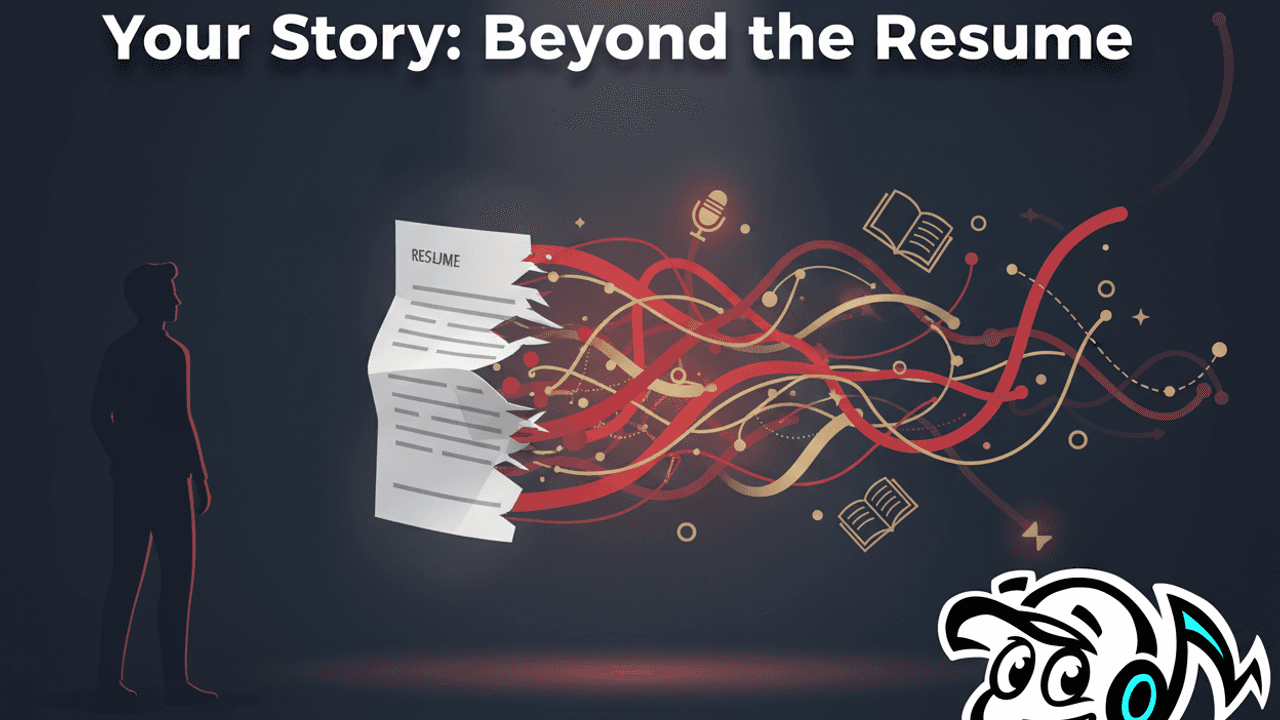 A founder's silhouette emerging from a torn, generic bio page, transforming into a vibrant, personal story, with elements of writing and interview tools in the background, symbolizing authentic narrative and PR.