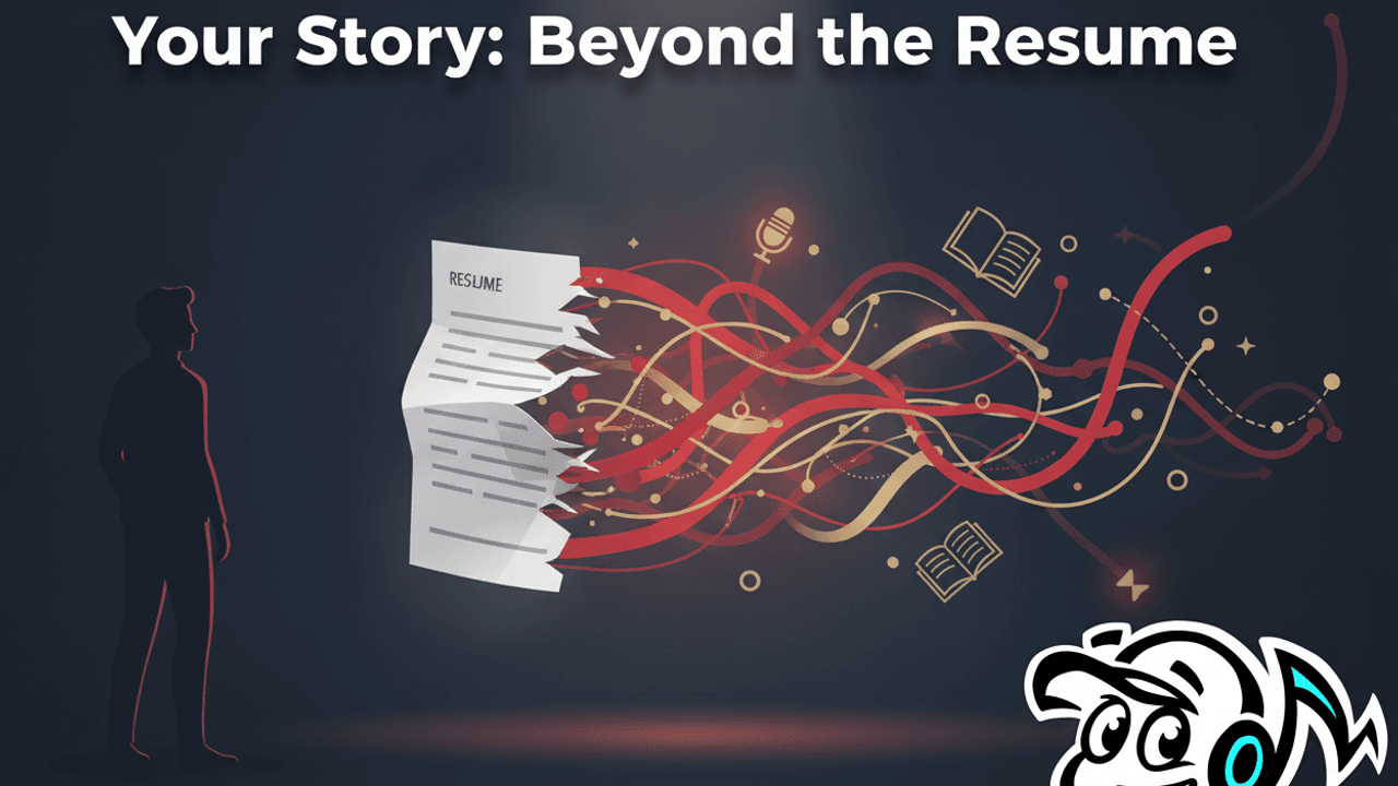 A founder's silhouette emerging from a torn, generic bio page, transforming into a vibrant, personal story, with elements of writing and interview tools in the background, symbolizing authentic narrative and PR.