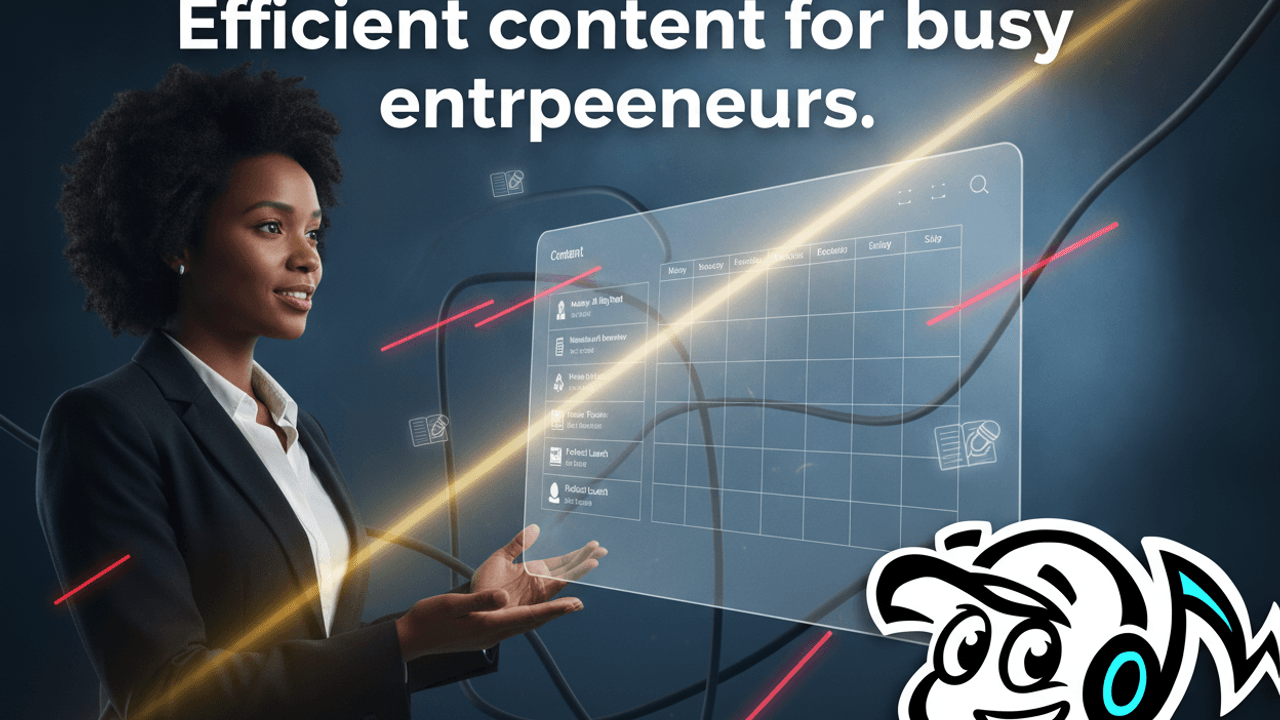 Busy entrepreneur confidently managing content creation with clear, organized strategies.