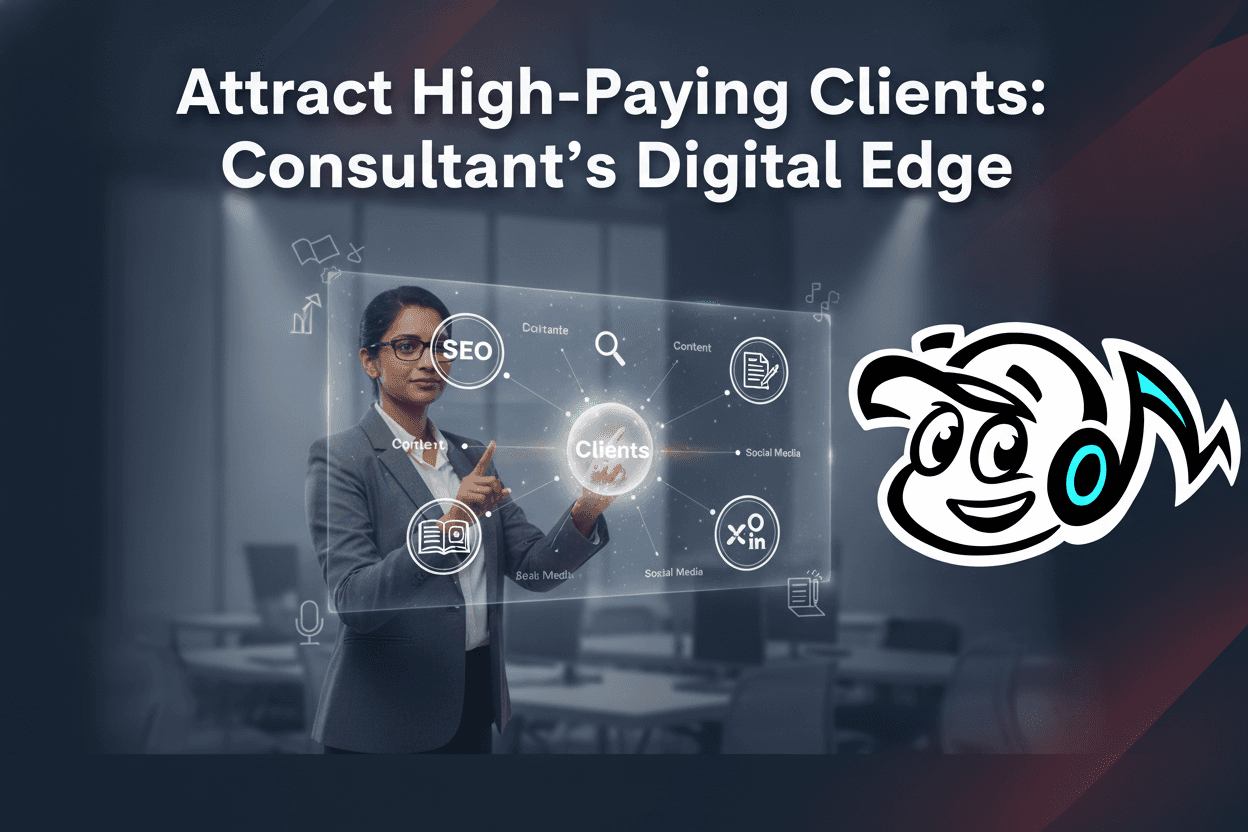 A consultant strategizing digital marketing to attract high-paying clients, with a holographic display showing SEO, content, and social media icons.