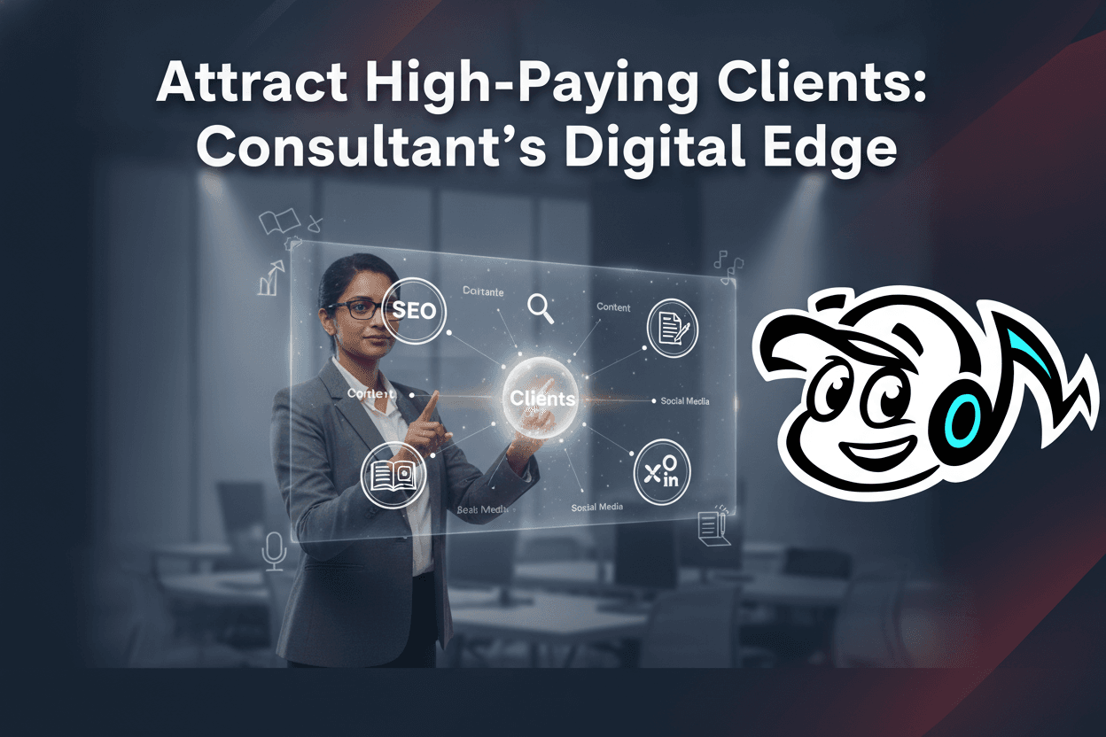 A consultant strategizing digital marketing to attract high-paying clients, with a holographic display showing SEO, content, and social media icons.