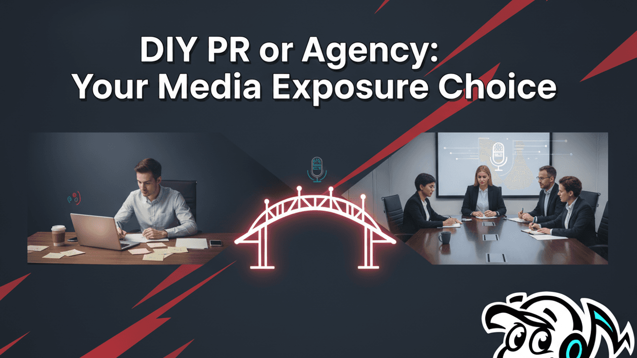 Comparison of a founder doing DIY PR at a home office versus a professional PR agency team in a meeting, illustrating the choice for media exposure.