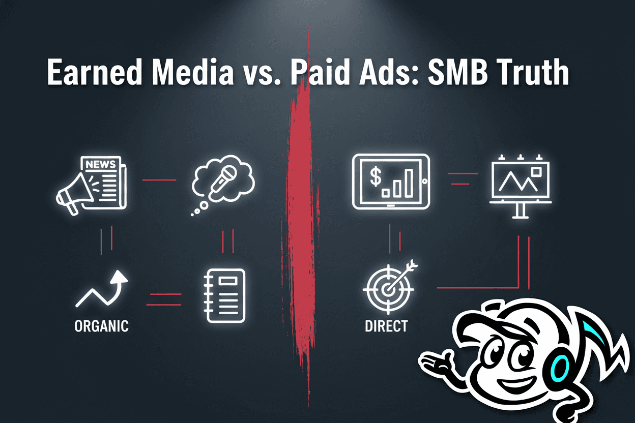 A small business owner choosing between two paths: earned media (represented by a megaphone and news clippings) and paid advertising (represented by digital ads and a billboard).
