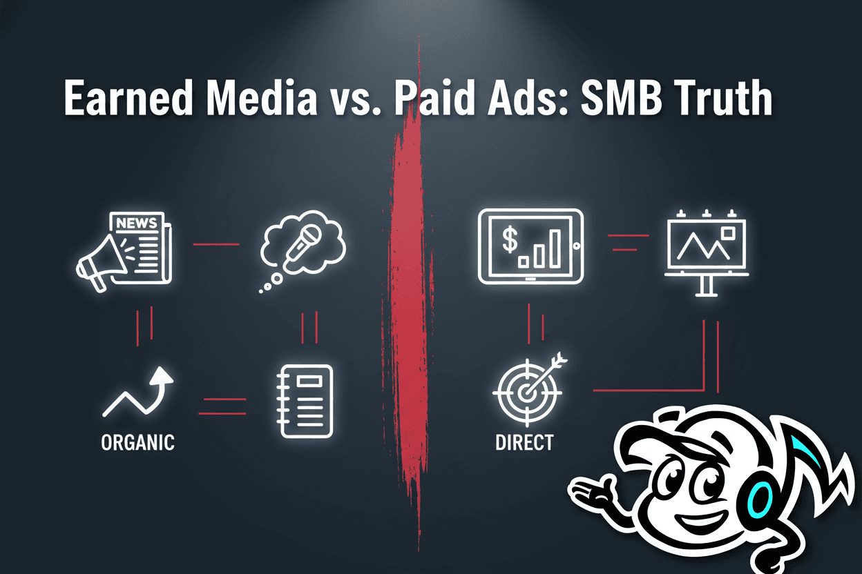 A small business owner choosing between two paths: earned media (represented by a megaphone and news clippings) and paid advertising (represented by digital ads and a billboard).
