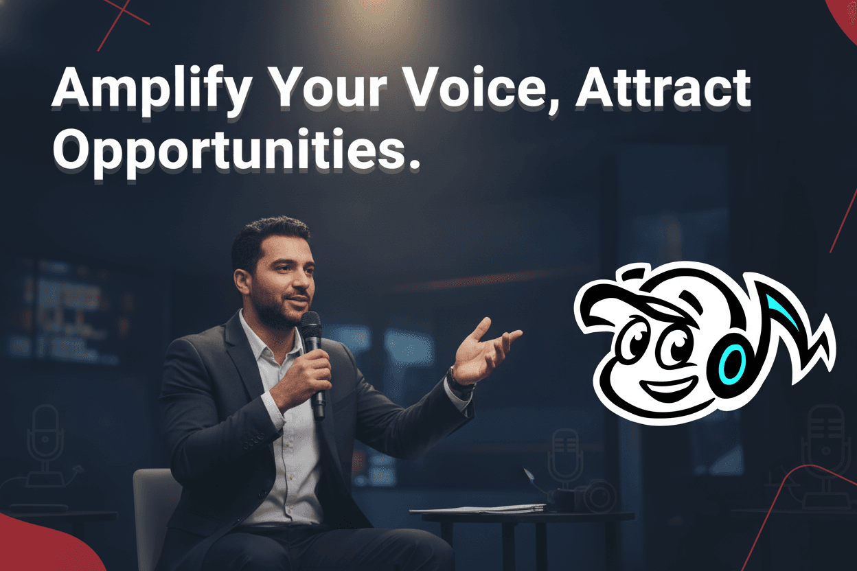 An entrepreneur confidently engaging with media, symbolizing thought leadership and public speaking, with microphones and cameras in a professional setting.