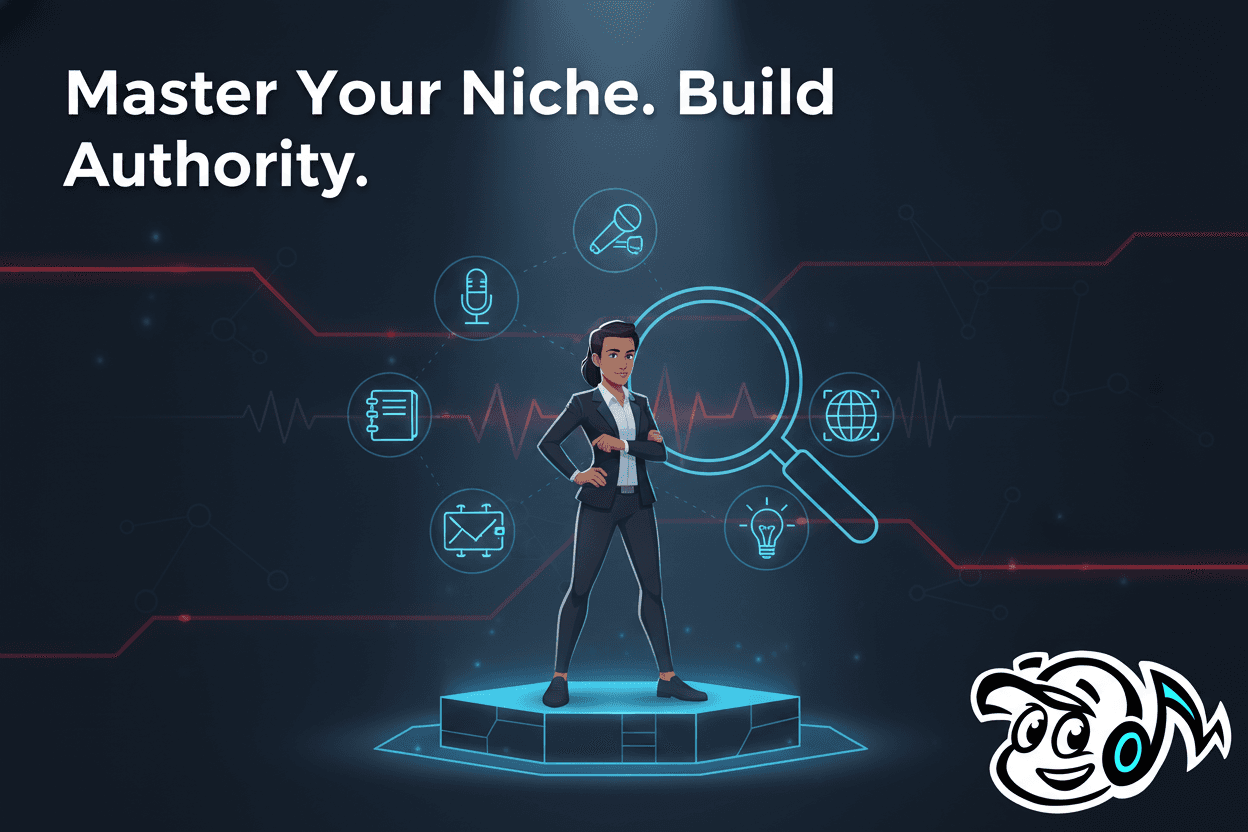 A consultant or founder standing confidently on a pedestal, symbolizing authority in a focused niche, with a spotlight on them.