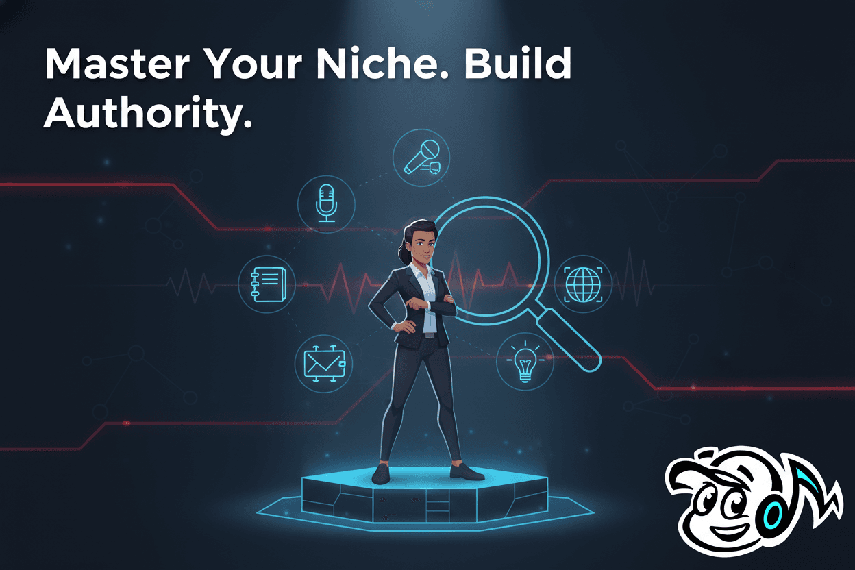 A consultant or founder standing confidently on a pedestal, symbolizing authority in a focused niche, with a spotlight on them.