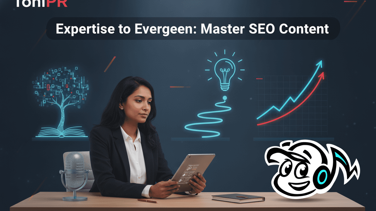 A consultant working on a laptop, surrounded by elements symbolizing evergreen content, long-term growth, and SEO strategy.