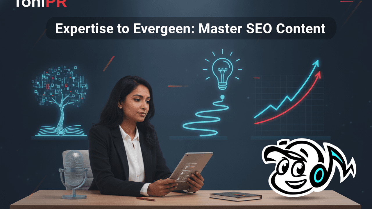 A consultant working on a laptop, surrounded by elements symbolizing evergreen content, long-term growth, and SEO strategy.