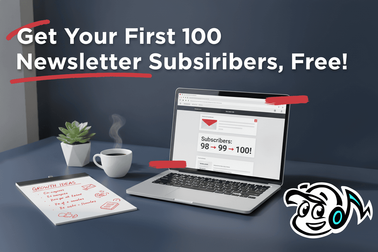 Laptop showing growing newsletter subscriber count on a desk, symbolizing organic email list growth for small businesses.