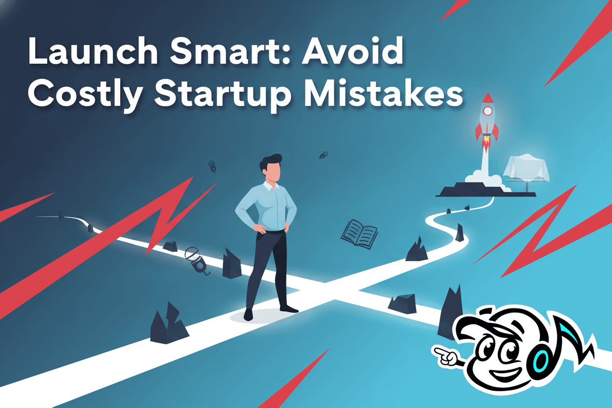 A founder strategically navigating a path filled with abstract obstacles, symbolizing the common pitfalls of a first product launch, with a successful launch in the background.