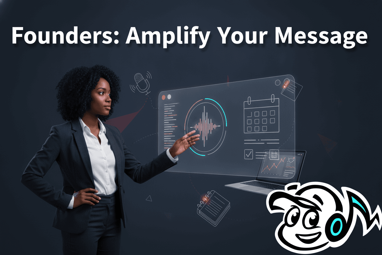 A founder strategizing content, surrounded by tools like a laptop, microphone, and content calendar, symbolizing effective message amplification.