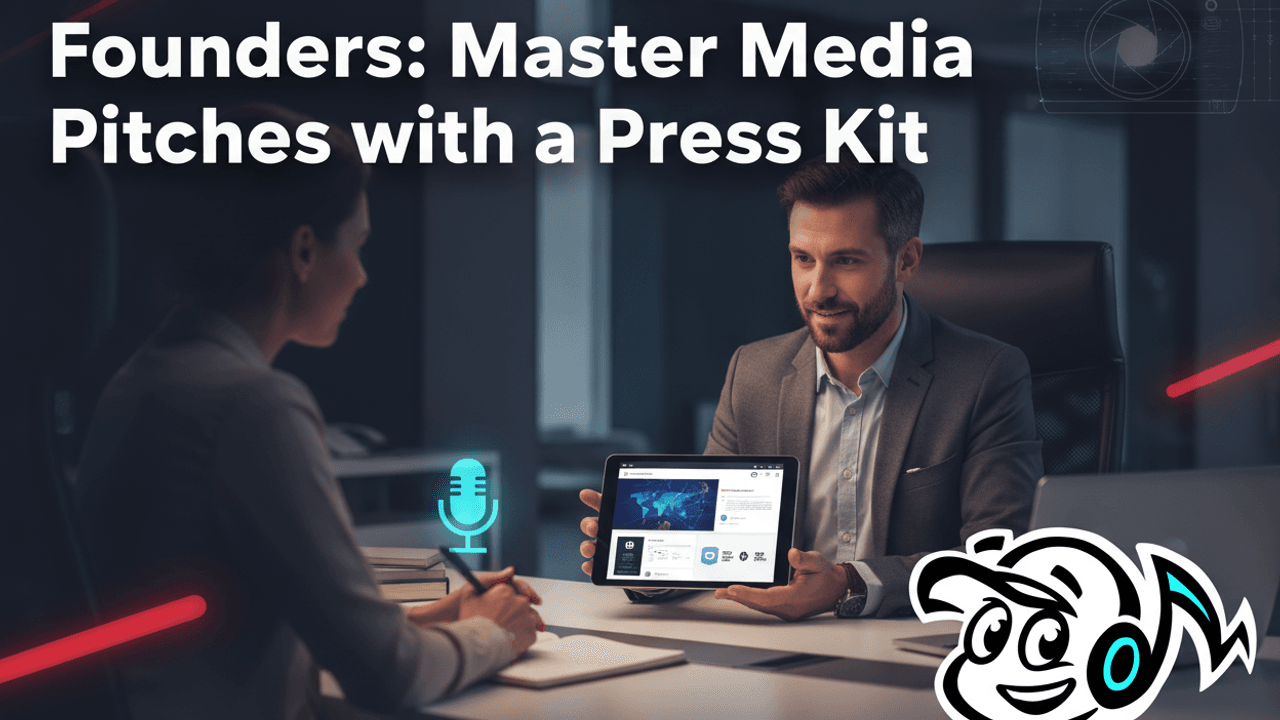 A startup founder presenting a digital press kit on a tablet to a journalist, symbolizing effective media outreach and communication strategy.