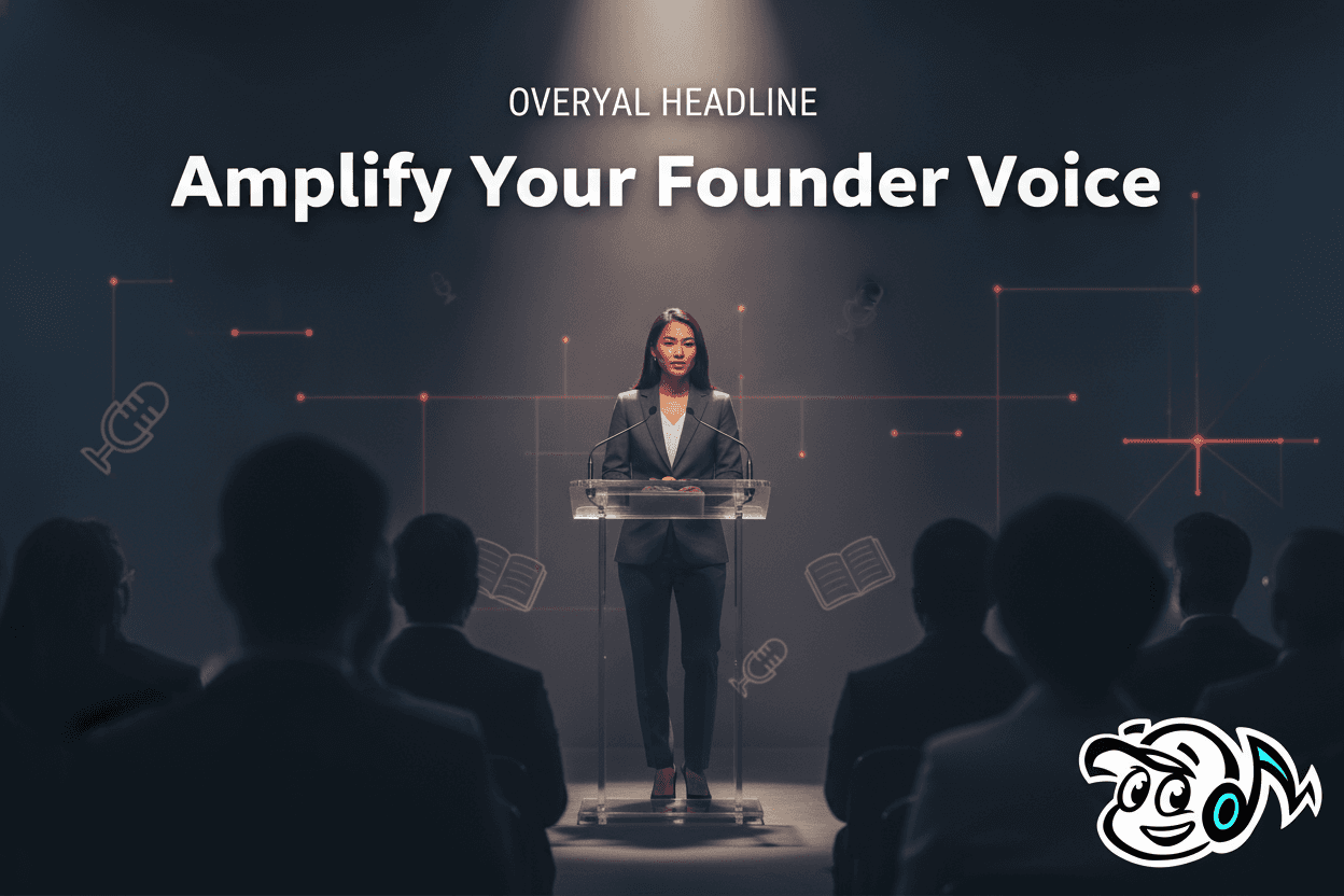 A confident founder, diverse gender, speaking publicly, symbolizing their public voice and thought leadership, with subtle PR and digital communication elements in the background.