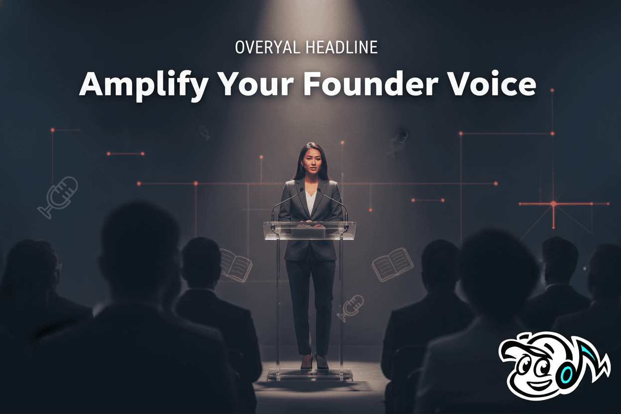 A confident founder, diverse gender, speaking publicly, symbolizing their public voice and thought leadership, with subtle PR and digital communication elements in the background.