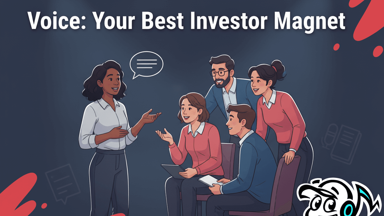 Founder confidently using their voice to engage with investors and customers, symbolizing authentic communication and storytelling beyond traditional pitch decks.
