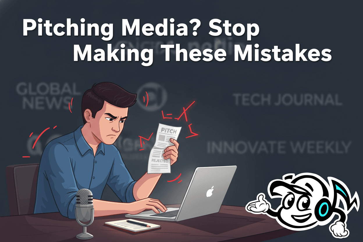 A frustrated founder reviewing a rejected media pitch email on a laptop, symbolizing common pitching mistakes.