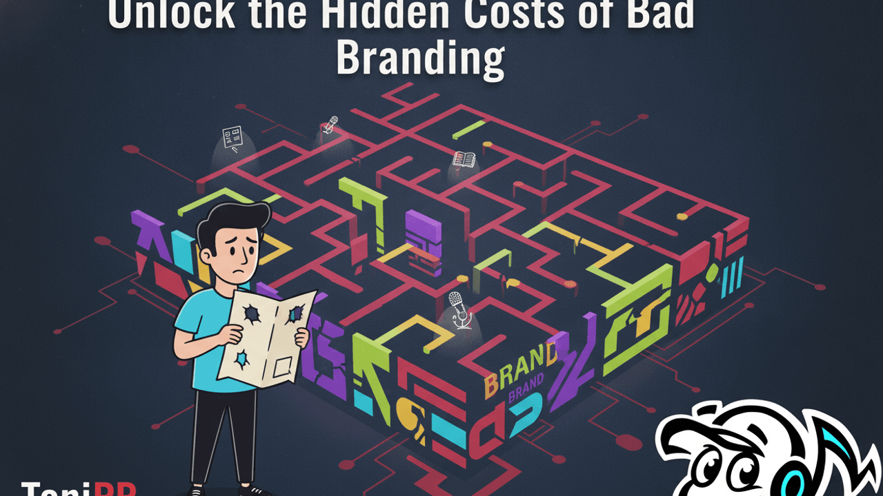 A fragmented brand identity represented by scattered logo pieces and mismatched elements, illustrating the hidden costs and confusion for a small business founder.
