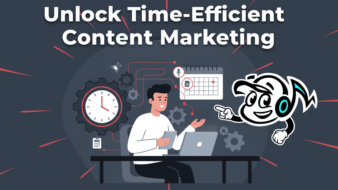 Illustration of a busy founder efficiently integrating content marketing into their week, showing various content tools and a streamlined workflow.
