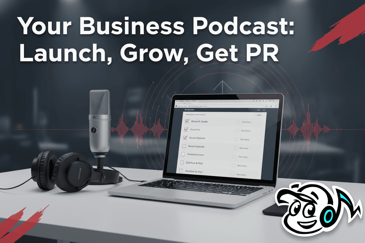 A professional setup for a business podcast, featuring a microphone, headphones, and a laptop with a checklist, symbolizing the launch and growth of a podcast for business authority and PR.