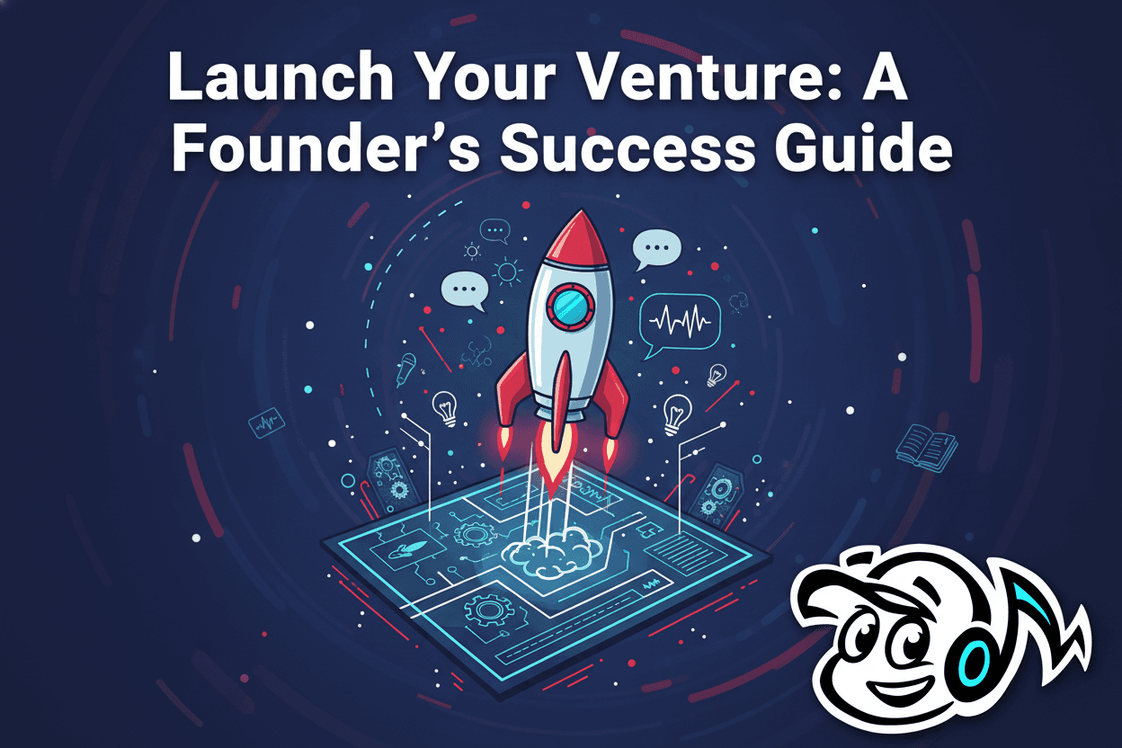 Illustration of a rocket launching from a blueprint, symbolizing a successful new venture launch with strategic planning and PR.
