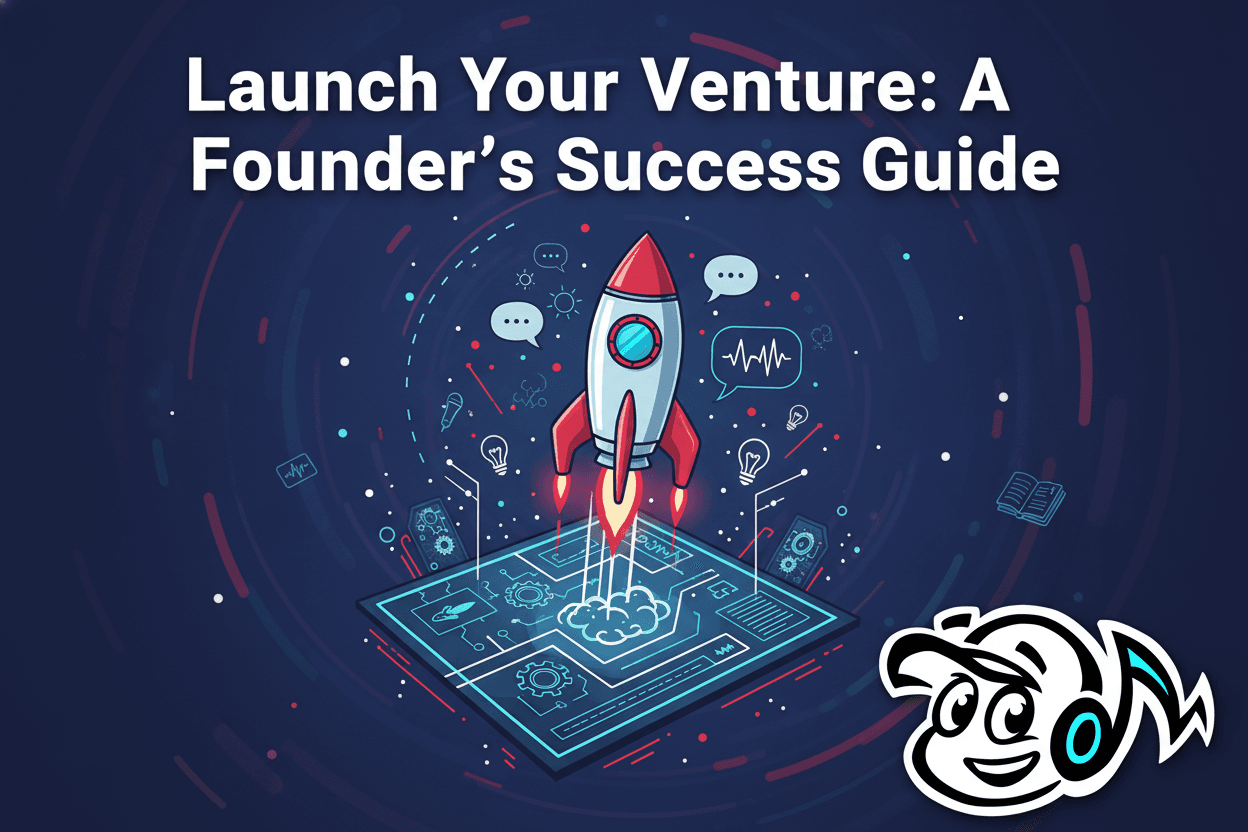 Illustration of a rocket launching from a blueprint, symbolizing a successful new venture launch with strategic planning and PR.