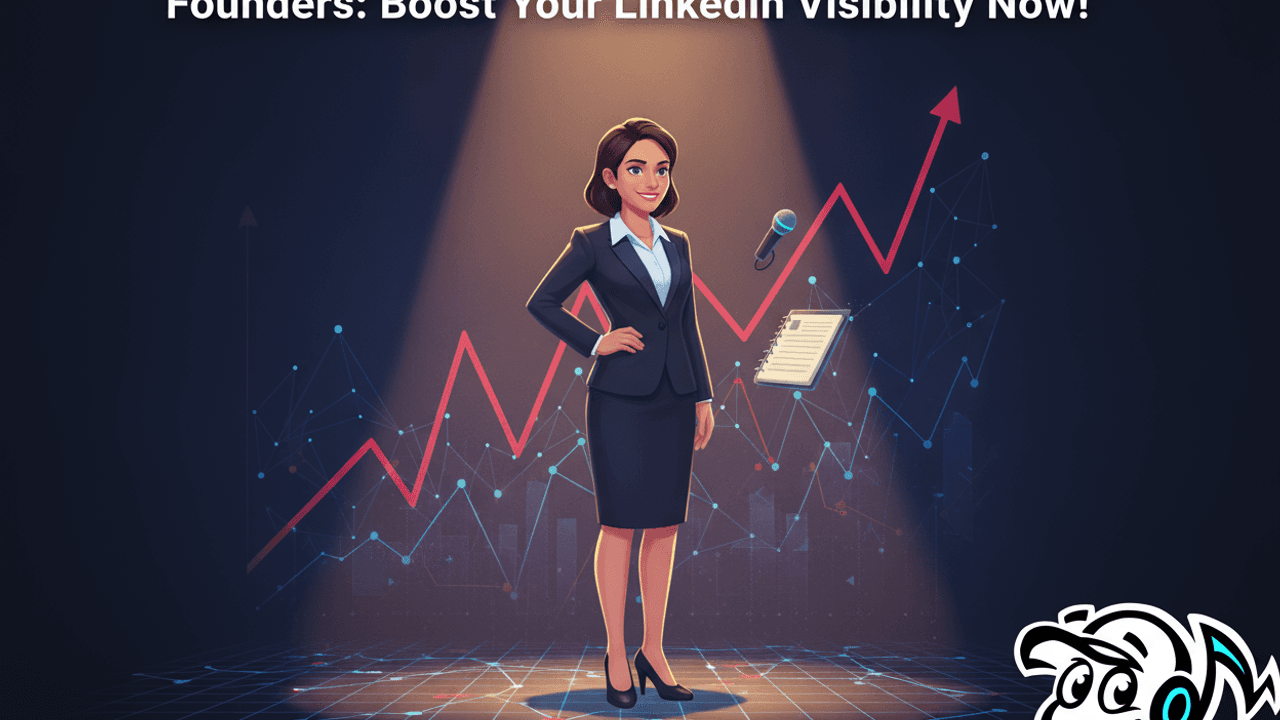 A founder confidently standing in a spotlight, symbolizing increased professional visibility on LinkedIn, surrounded by network connections and growth charts.