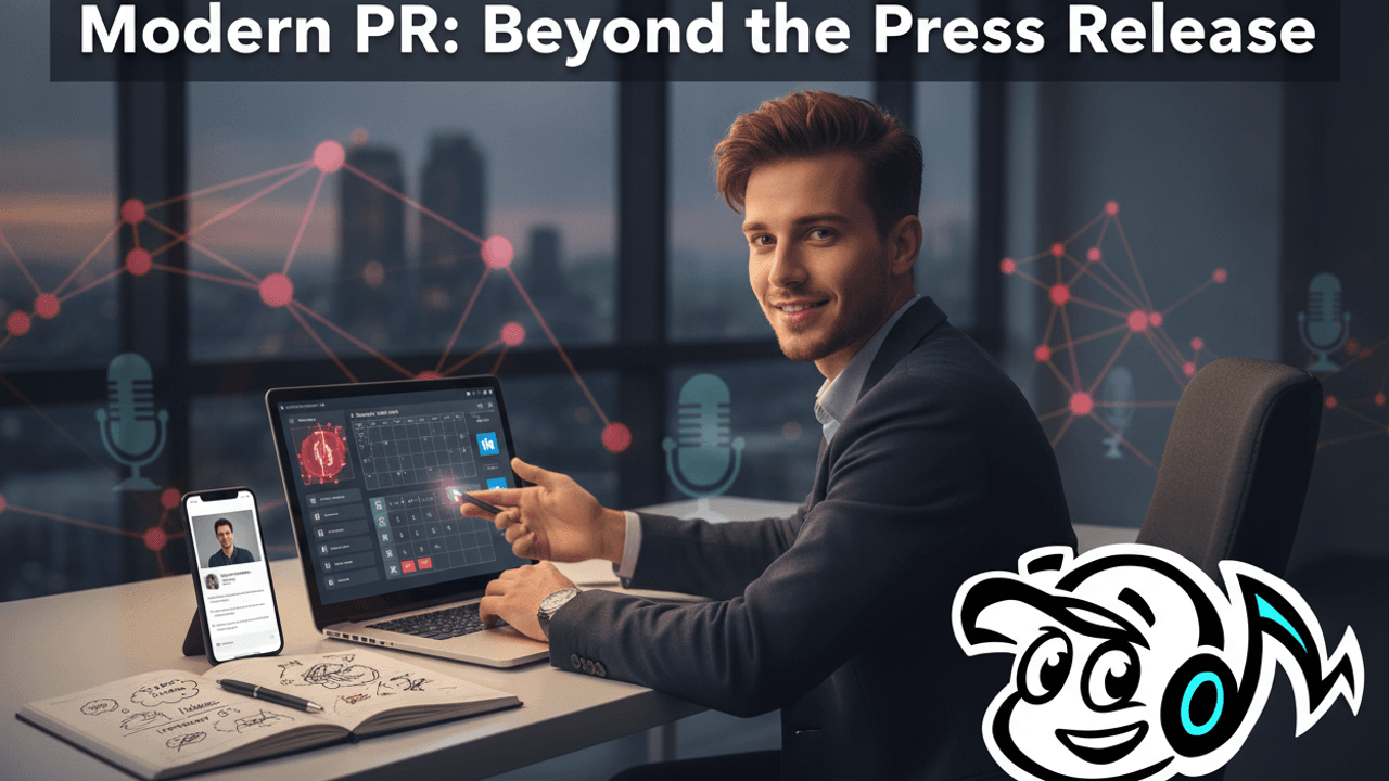 A small business founder strategizing modern PR, with a laptop showing digital outreach plans and a notebook for storytelling ideas, symbolizing a shift beyond traditional press releases.