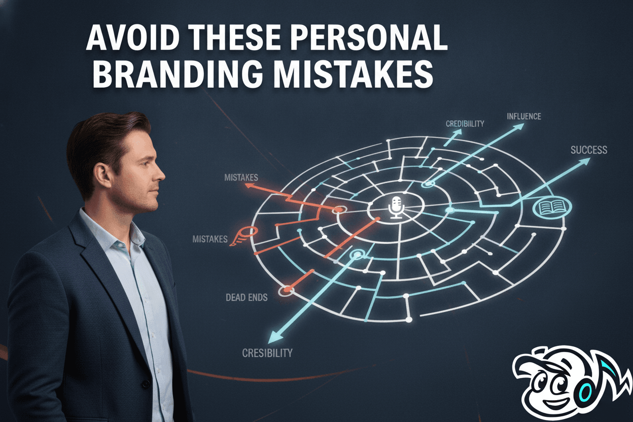 An entrepreneur navigating a complex personal branding landscape, avoiding common mistakes and moving towards credibility and success.