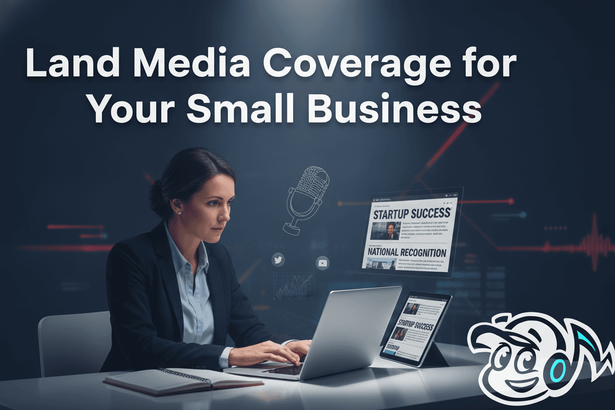 Small business founder successfully pitching journalists to gain media coverage, with a laptop and news headlines.