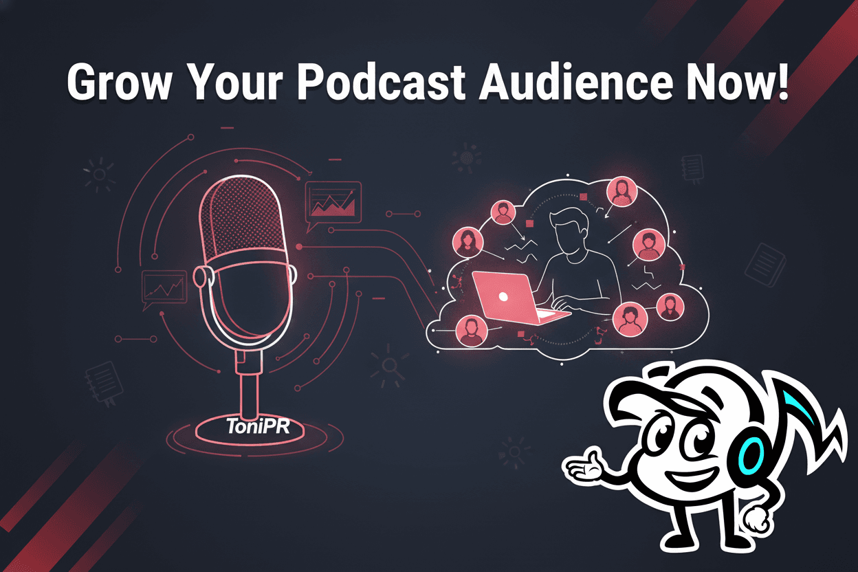 A strategic roadmap for podcast audience growth, showing a microphone, growth charts, and digital connections, symbolizing effective podcast promotion and listener engagement for B2B.