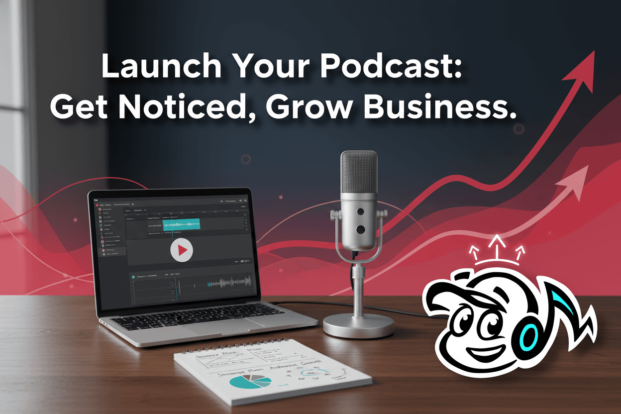 A professional desk setup with a high-quality podcast microphone, laptop displaying audio editing software, and notes on podcast launch strategy, symbolizing business growth and expert communication.