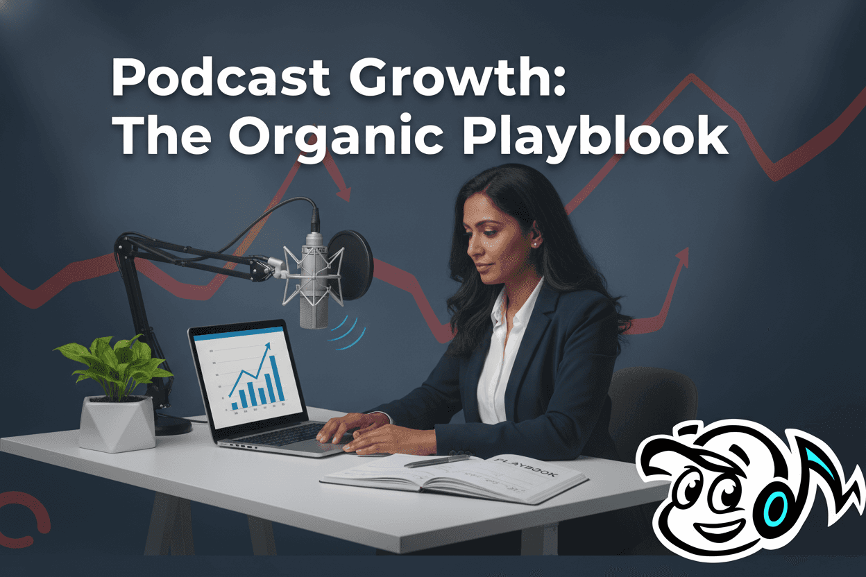 A professional at a desk with a microphone and laptop, reviewing a podcast marketing playbook, symbolizing organic podcast growth strategy.