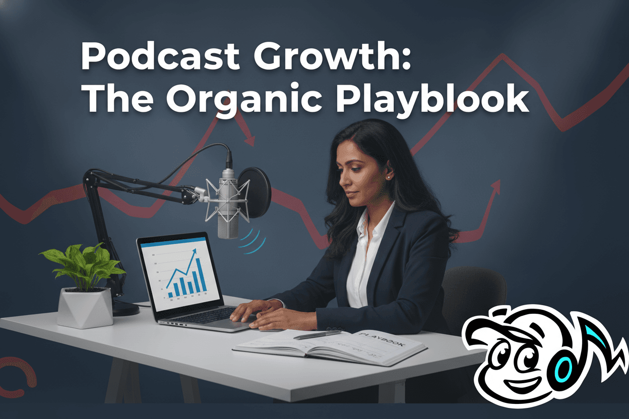 A professional at a desk with a microphone and laptop, reviewing a podcast marketing playbook, symbolizing organic podcast growth strategy.