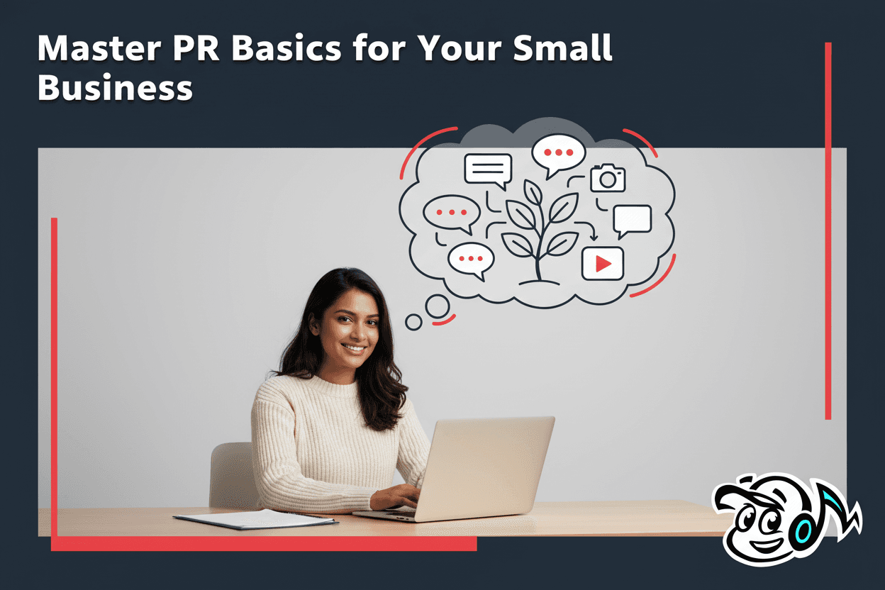 Small business owner confidently managing PR strategy on a laptop, surrounded by symbols of media relations, growth, and communication.